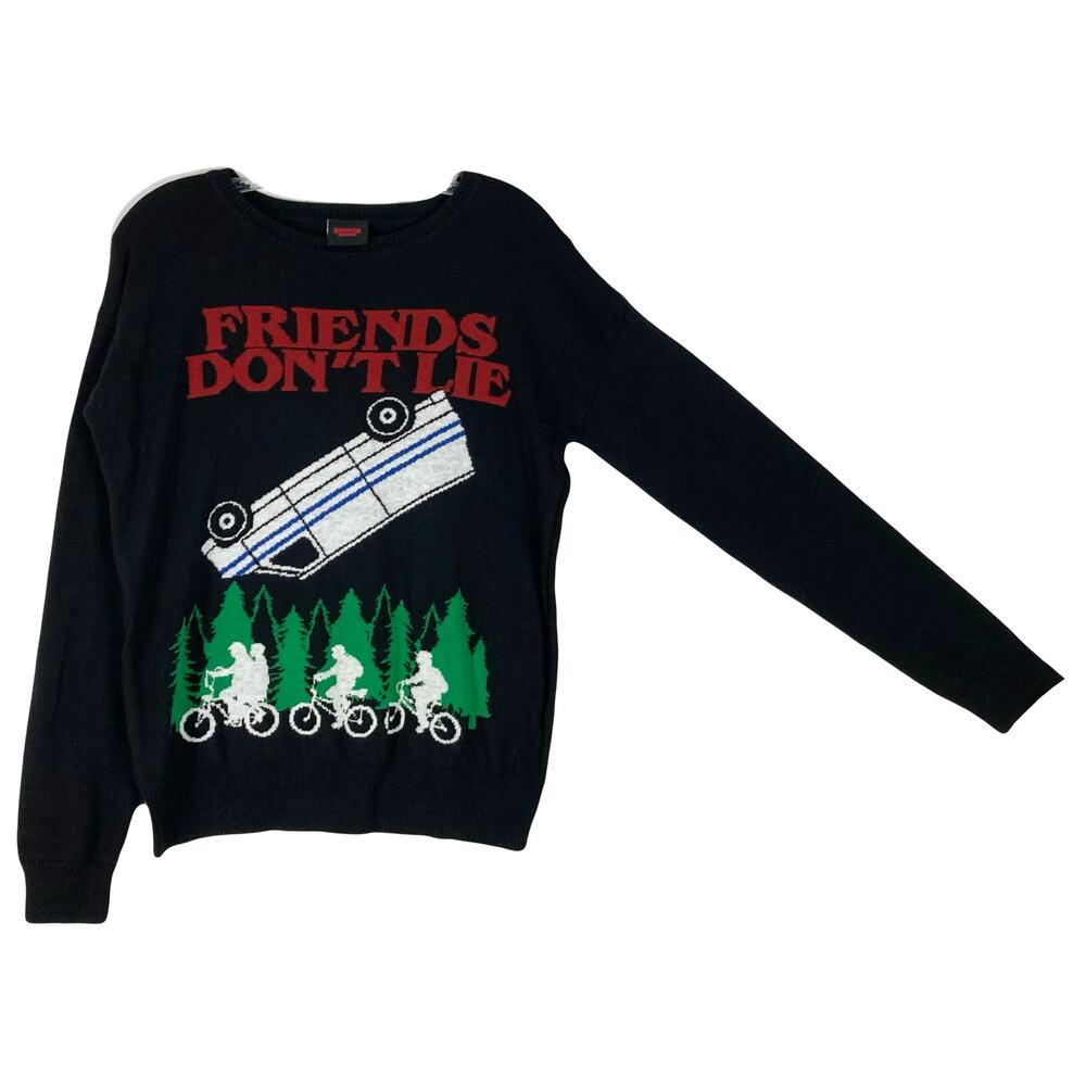 NWOT STRANGER THINGS Sweater L Black Graphic”Friends Don’t Lie”Cotton blend Knit